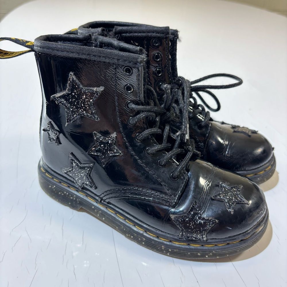 Dr. Martens Kids Black Patent Lace-Up Boots with Glitter Stars